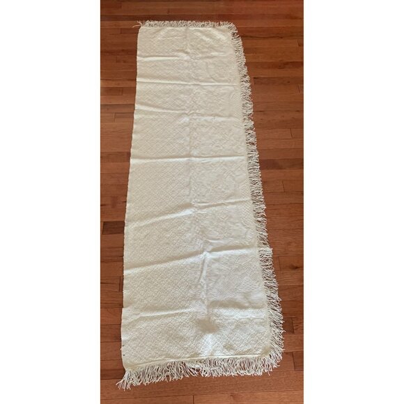 Vintage White Embroidered Table Runner with Fringe Edges 72"x 22" - Picture 1 of 12